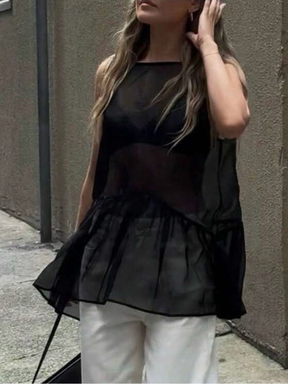 SHEIN Black Sheer Peplum Tank Top - Women's